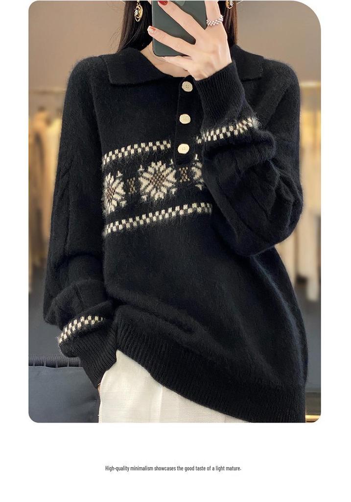 Women's Retro Jacquard Cashmere Sweater - French Lapel, Polo Collar Knit Outerwear for Autumn/Winter