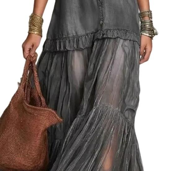 Damen Jeans-Look Hemdblusenkleid, Langarm Netz Patchwork Maxikleid, Knopfleiste Rüschen Durchsichtiges Langes Kleid