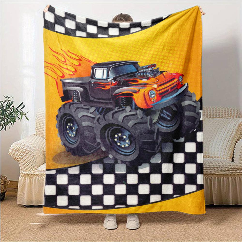 Monster Truck Adventure Flannel Blanket Super Soft Warm Cozy Blanket For Sofa Bed Office Travel Allseason Home Decor Gift