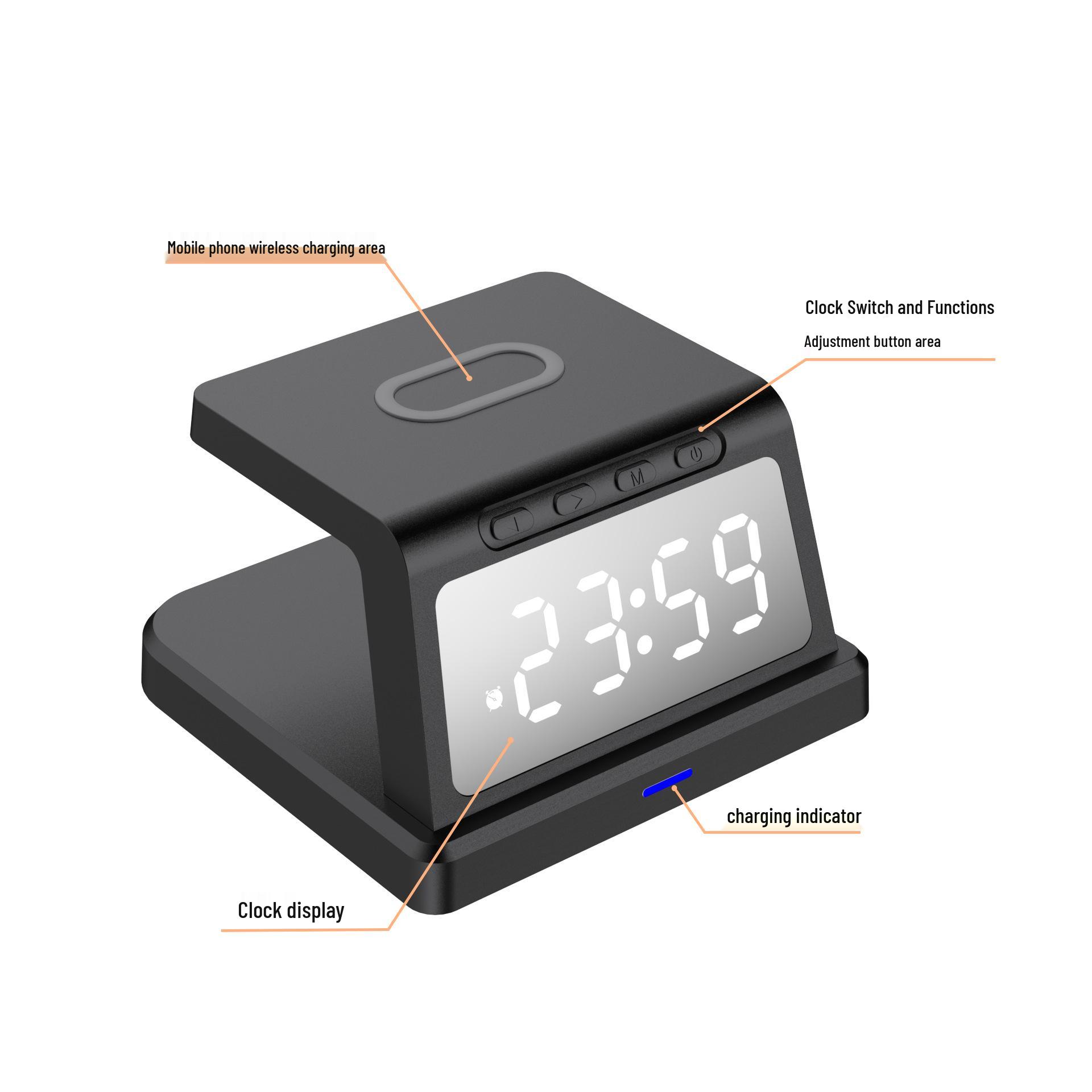 Magnetic Wireless Charging Alarm Clock, 15W Three-in-One Fast Charger HT-304 чёрный