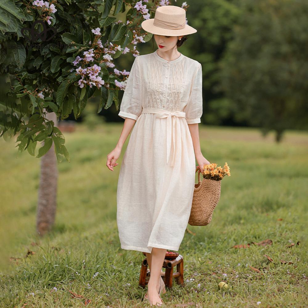French Gentle Wind Dress High-end Lantern Sleeve Round Neck Belt A-line Dress Long Casual Style Dress