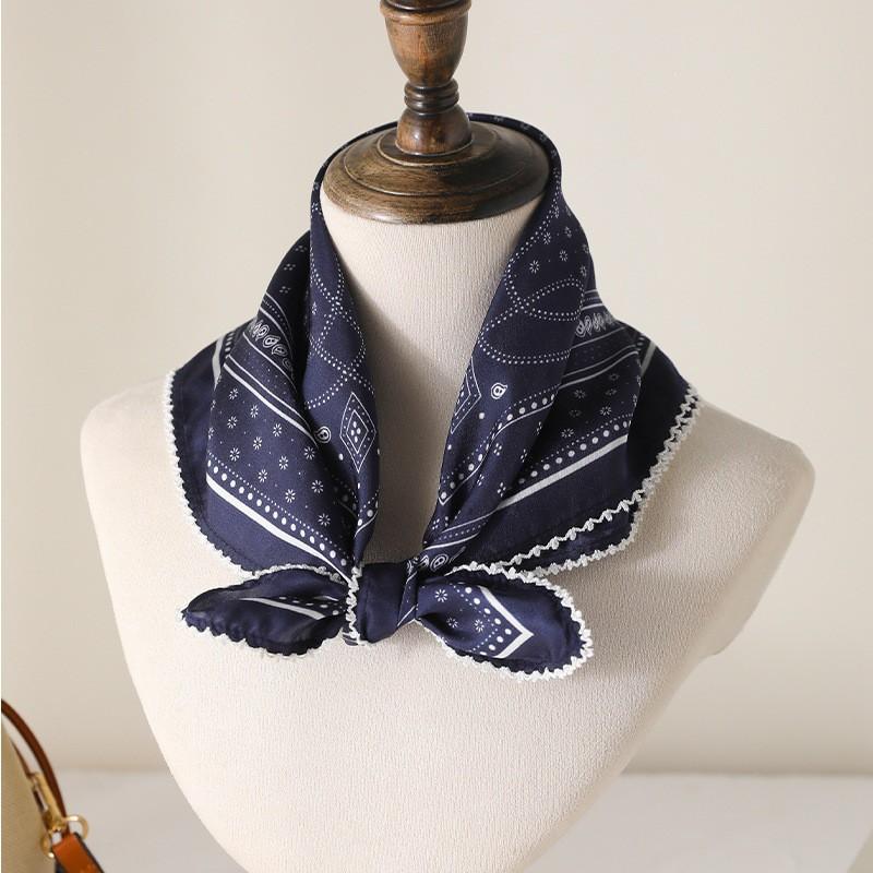 Vintage Navy Blue Silk Square Scarf Women 100% Mulberry Breathable Neck Protection Professional Light Mature Style Small