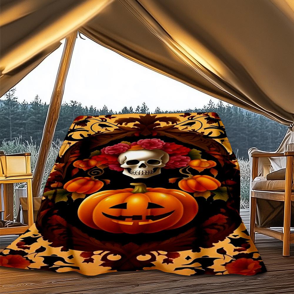 1pc Pumpkin Skull Art Print Outdoor Blanket, Lightweight Polyester,