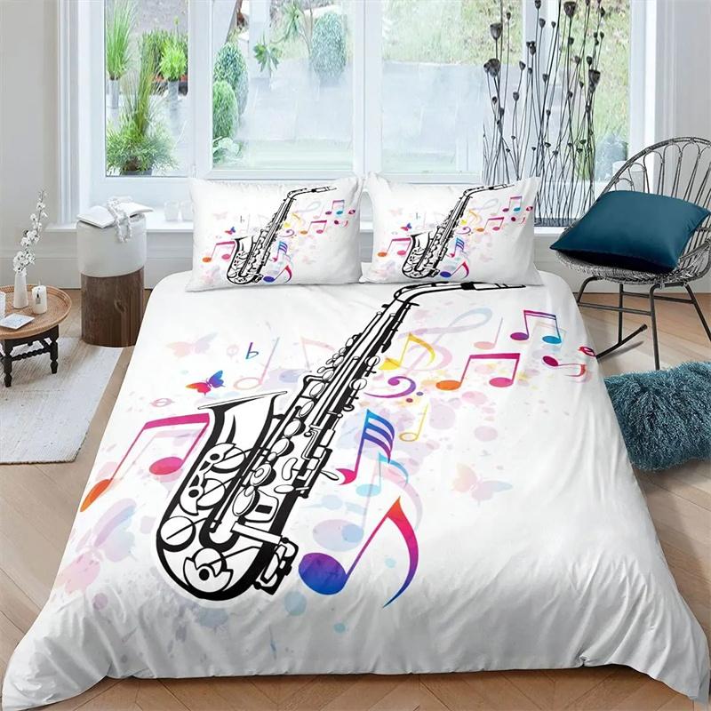 

For Kids - Saxophone Duvet Cover Set Rotating Musical Notes Bedding Set Musical Instrument Retro Jazz Music Theme Twin Quilt Cover 135x200cm 2pcs