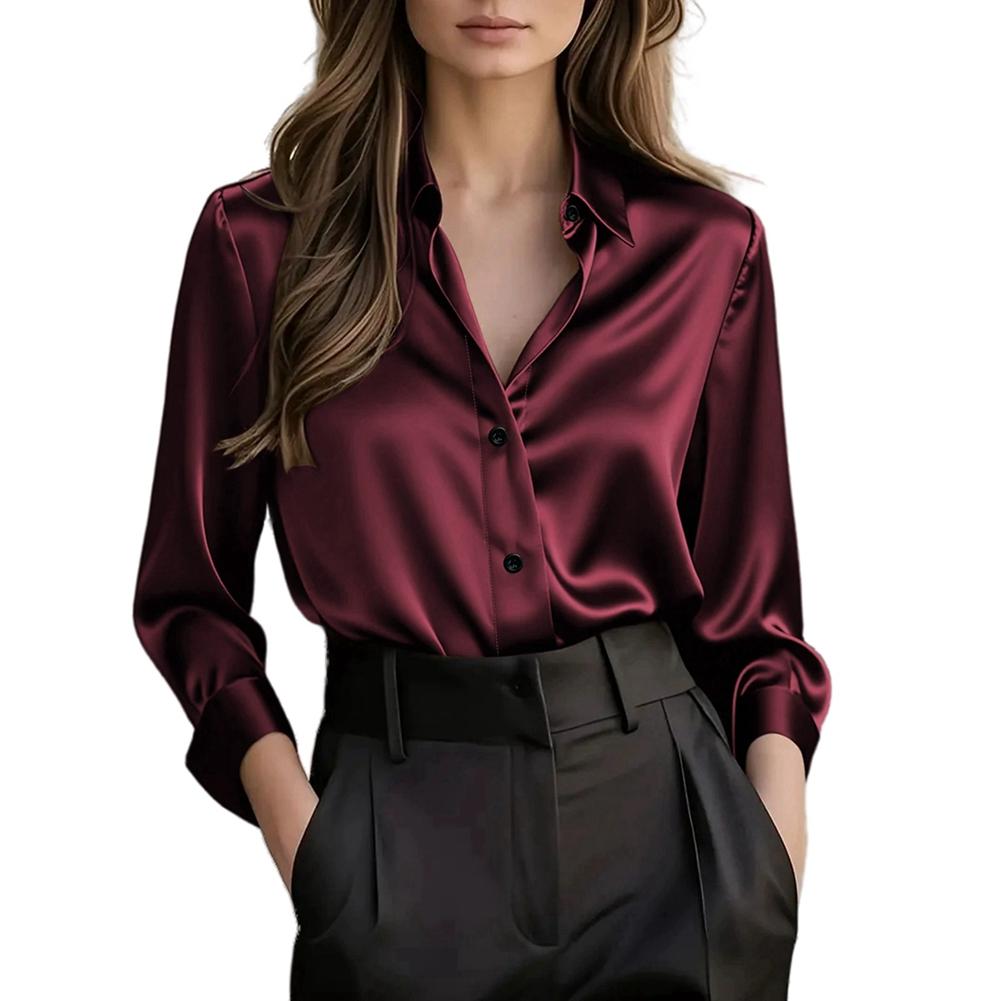 Women's Solid Color Lapel Smooth Simple Business Office Long Sleeve Shirt Elegant Shirt