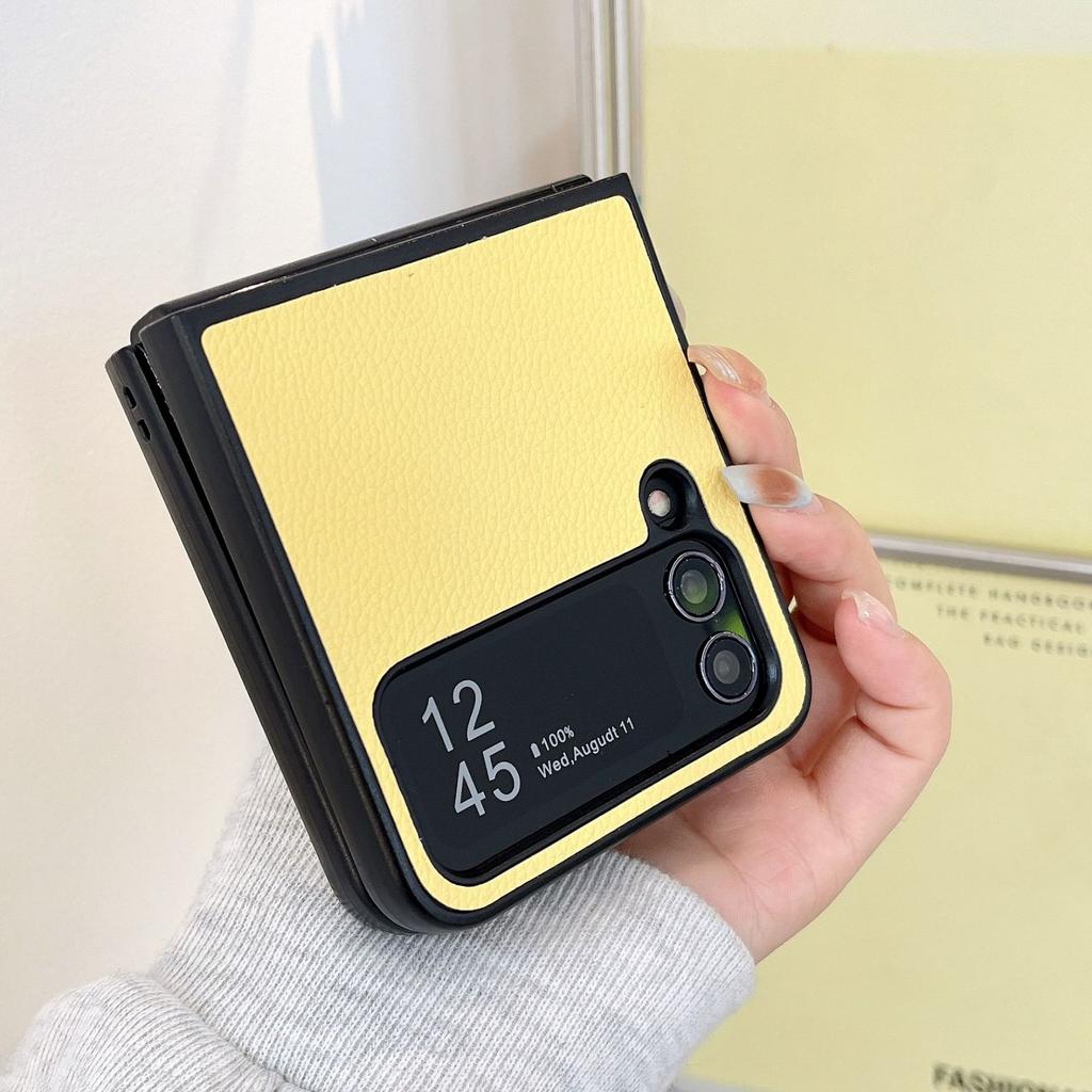Suitable for Samsung ZFlip5 Folding Screen Protective Case, Lychee Pattern Solid Color Sticker Zflip3/4 Mobile Phone Case
