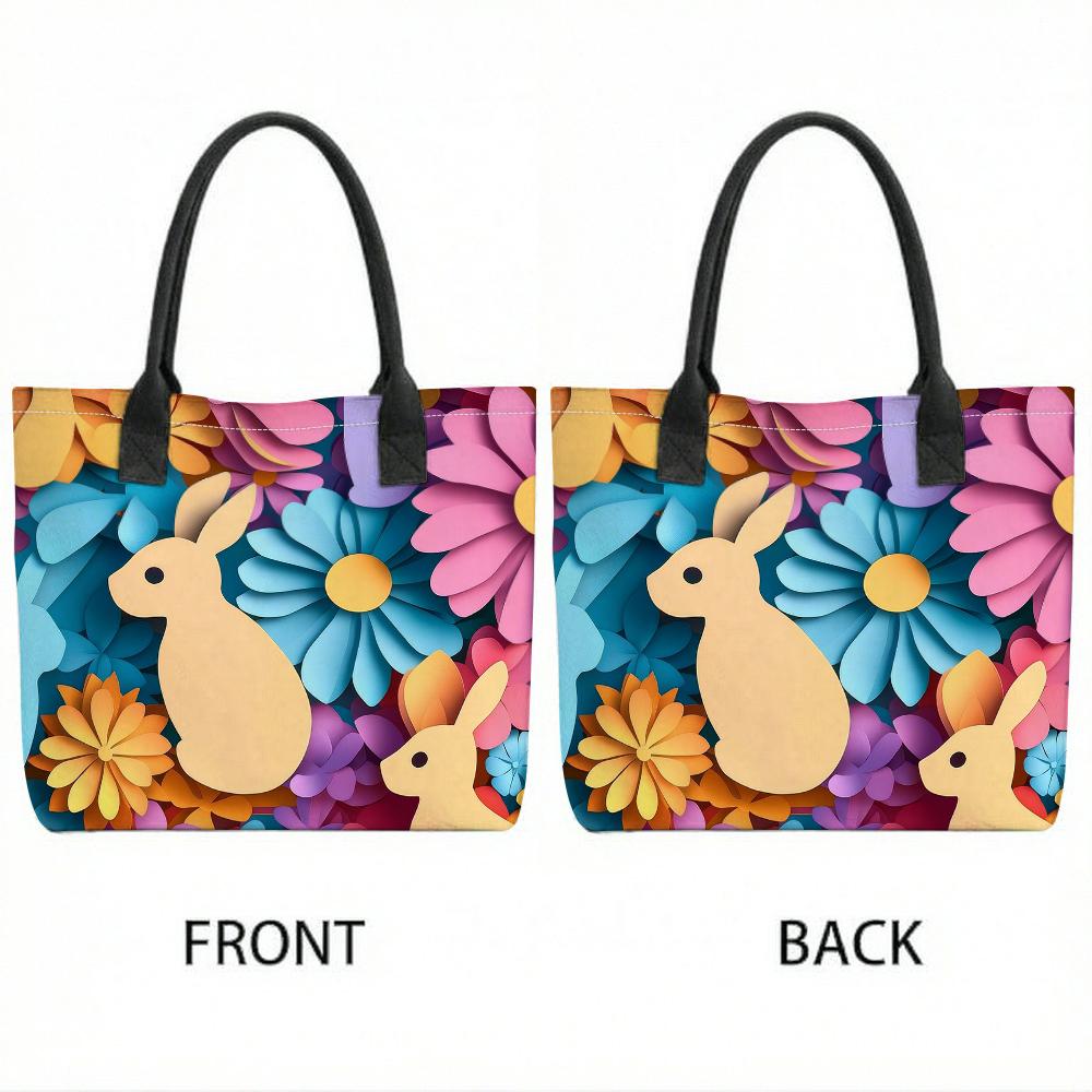 Floral Bunny Printed Tote Bag Large Capacity Casual Shoulder Handbag for Daily Use