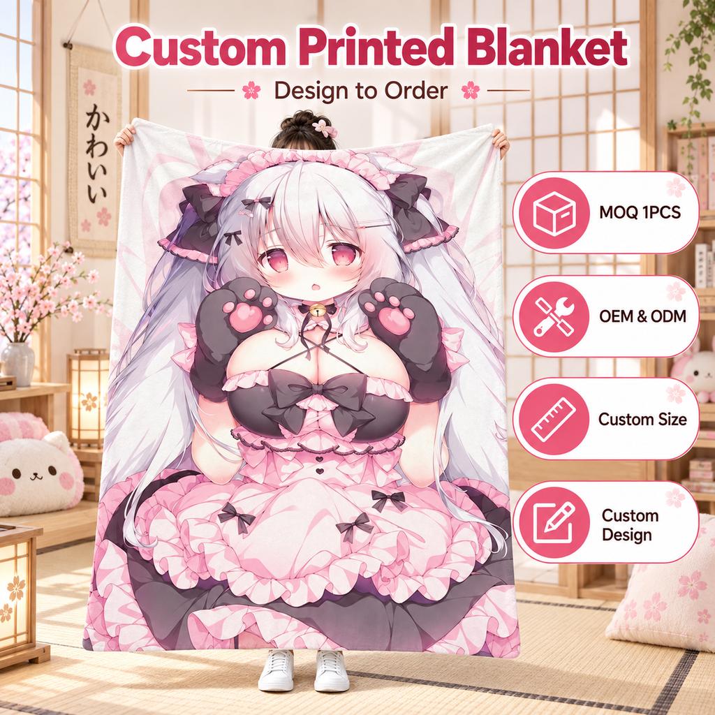 Japanese Style Spotlight Pink Cat Girl Anime Blanket Cute Paw Design Custom Printed Fleece Blanket for Bedroom Sofa Home Decor