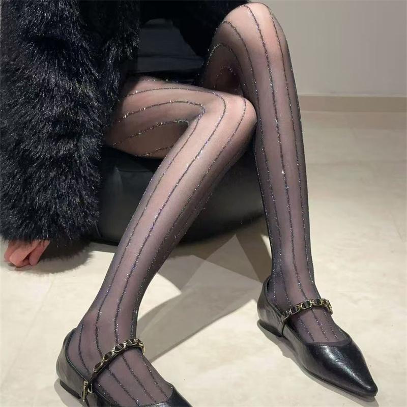 

Silver Thread Vertical Line Pantyhose Women Slim Fit Shape Tights Glitter Hosiery Stockings One Size