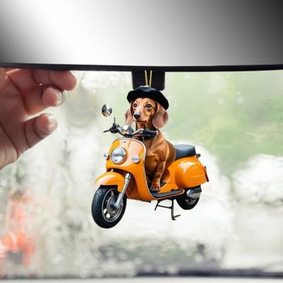 2D Cyklistický Pes Přívěsek do Auta Akrylová Ozdoba Zpětného Zrcátka Roztomilý Tematický Doplněk do Auta pro Interiérovou Dekoraci