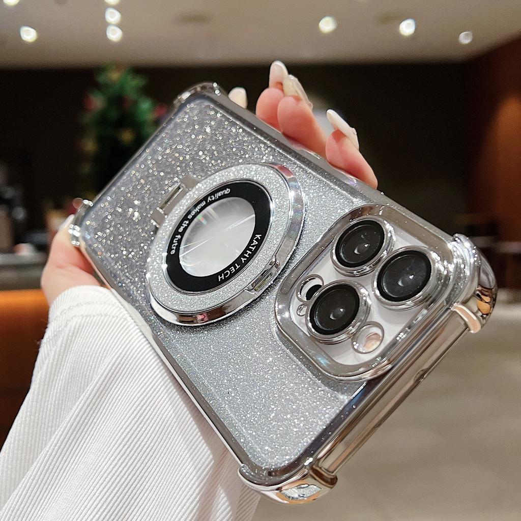 Applicable To iPhone17Pro Airbag Anti-drop Mobile Phone Case Glitter Magnifying Glass Magnetic Suction Bracket Apple 16 New