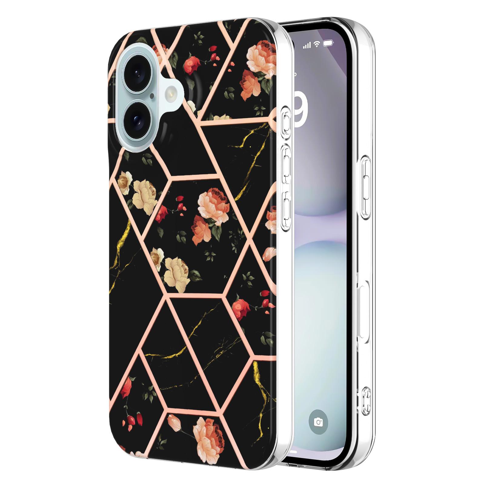 For iPhone 16 Case with IMD Marble Flower Pattern TPU Mobile Back Cover F