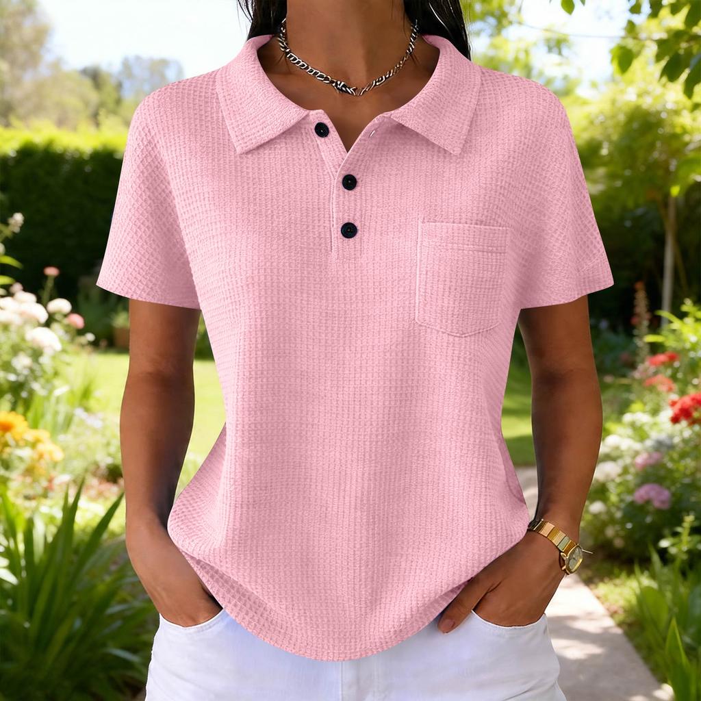 Women's Fashion Color T-Shirt — Vintage V-Neck, Button-Front, -Knit — Casual Short-Sleeve Top for Daily Commuting (Spring/Summer)
