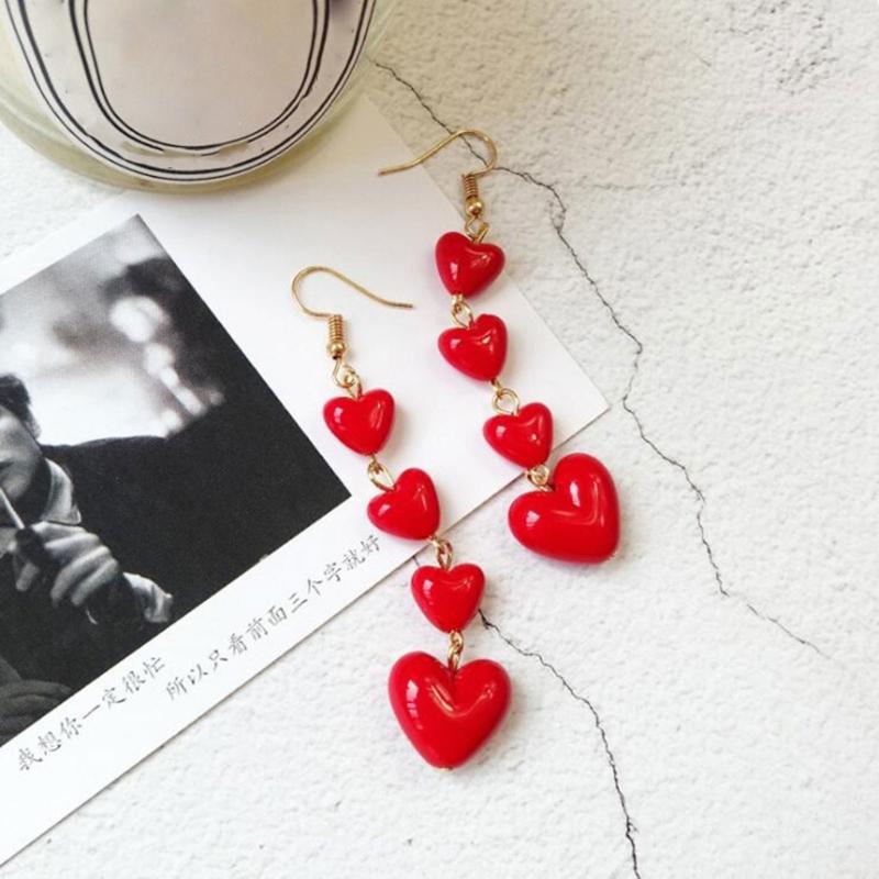 Red Heart Long Tassel Earrings Sweet Drop Dangle Earrings Party Jewelry Fashion Piercing Earrings Comfortable to Wear