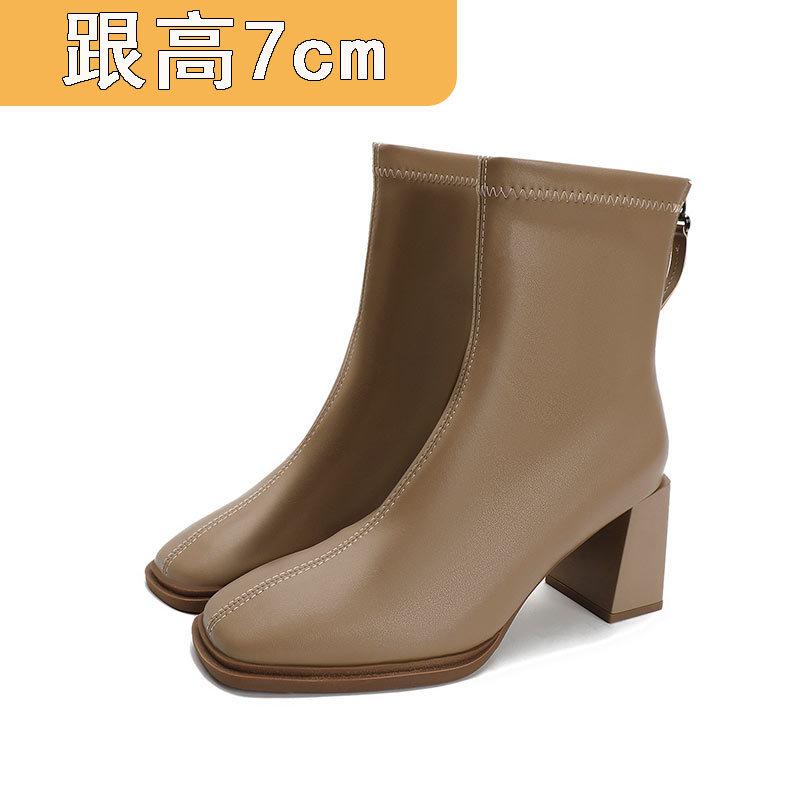 High-heeled short boots women's spring and autumn single boots 2024 autumn and winter new boots medium tube thick heel white bare boots square head th