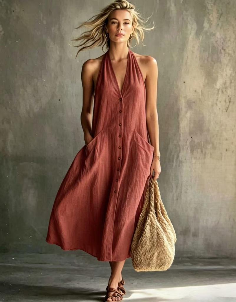 Neue Damenbekleidung Europäischer und Amerikanischer Stil V-Ausschnitt Kleid Damen Sommer Einreiher Ärmellos Locker Schwingend Langes Kleid Damen Sommer