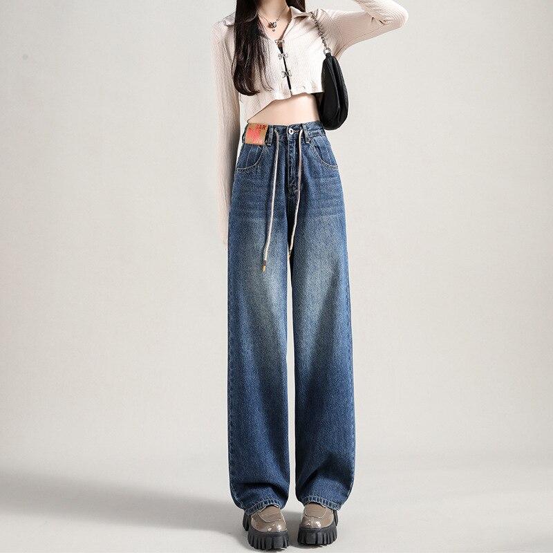 

2022 прямые широкие мешковатые брюки, весна-осень, винтажные уличные джинсы с повязками, женские корейские уличные джинсовые женские брюки 31 синий