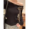 Black Pure Desire Slant Collar Off-shoulder Long-sleeved T-shirt for Women In Autumn Hot Girl Slim Leopard Print Lace-up Design Slant-shoulder Top