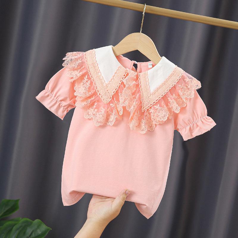 Girls' Fashionable Short-Sleeve Doll Collar Pure Cotton T-Shirt - Summer Trendy Tee for Ages 6+