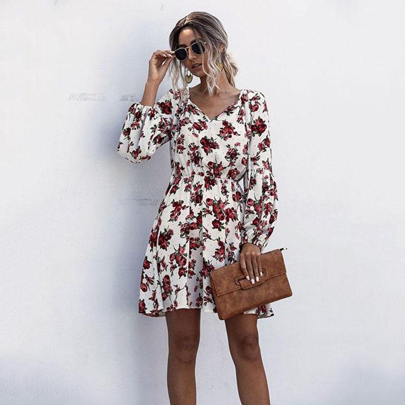 Frauen Mode Puff Langarm Shivering einteiliges Kleid Kleidung