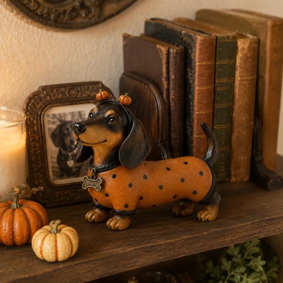 Cute Dog Figurines for Thanksgiving Fall Harvest Dachshund Figurine, Halloween Statue with Pumpkin Headband Polka Small Ornament Fireplace Dot Outfit,