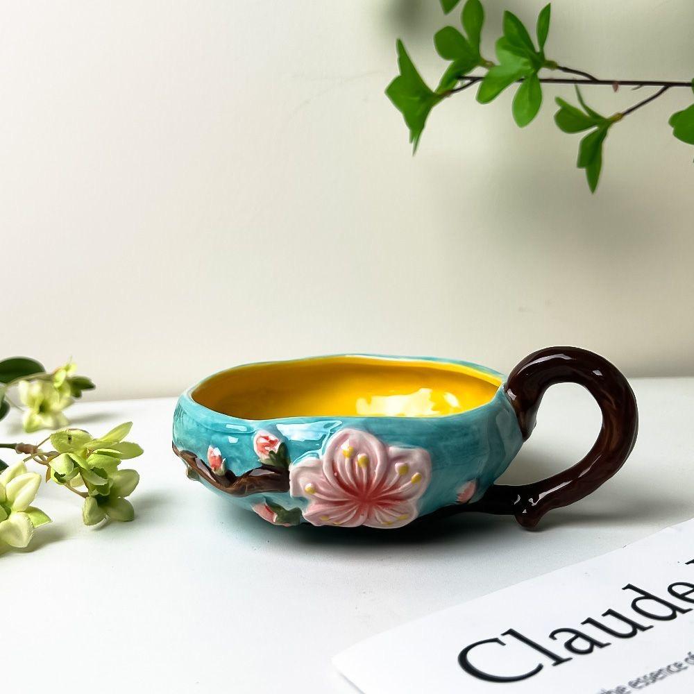 Japanese High-Temperature Ceramic Relief Peach Blossom Bowl, Handled Fruit, Salad & Snack Dish