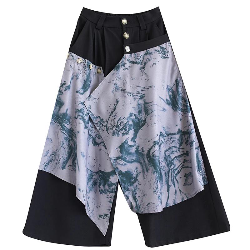 

Xitao Лоскутные брюки с принтом тай-дай, эластичные пуговицы на талии, свободные плиссированные повседневные модные брюки, новинка лета 2024, универсальные HJF8227 One Size чёрный