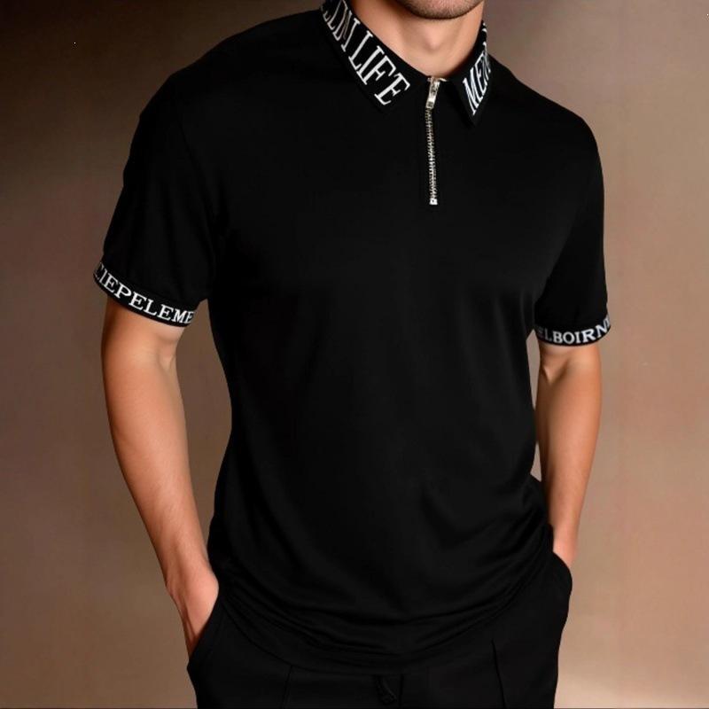 Summer men s casual short-sleeved lapel zipper polo shirt top S