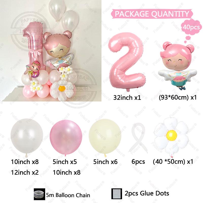 40pcs Cartoon Flower Fairy 32Inch Pink Aluminum Model Digital Balloon Column Birthday Party Decoration Wedding Supplies