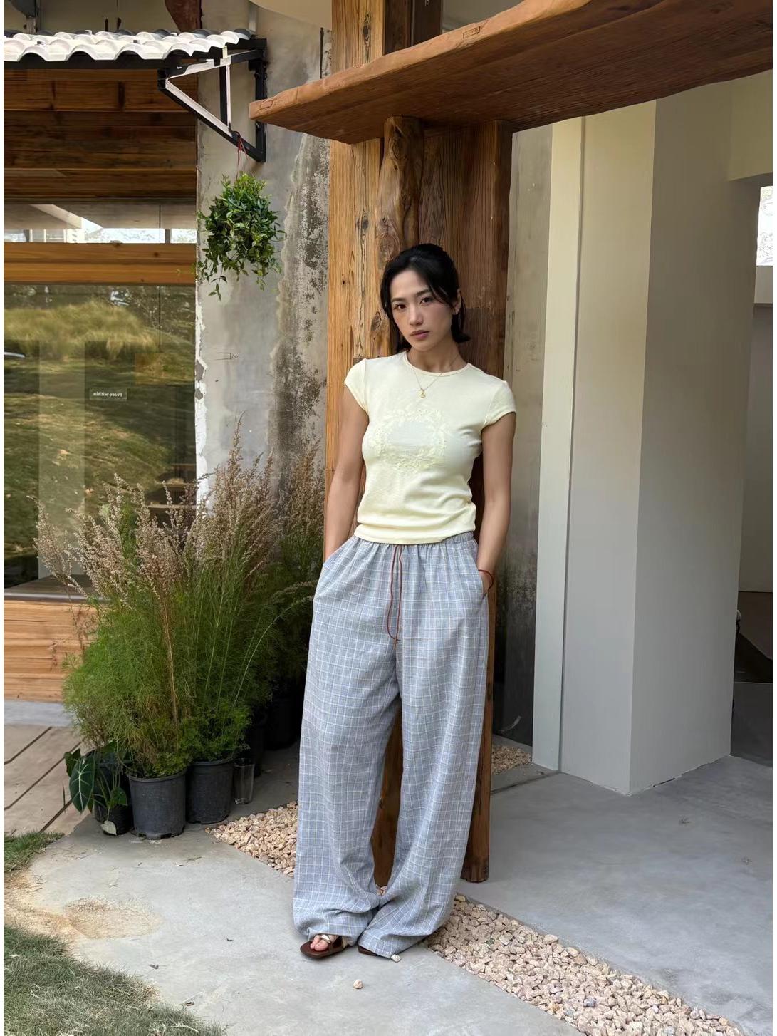 

DTWO Original Spring/Summer Women s Plaid Loose Long Pants - Casual Versatile Design серый