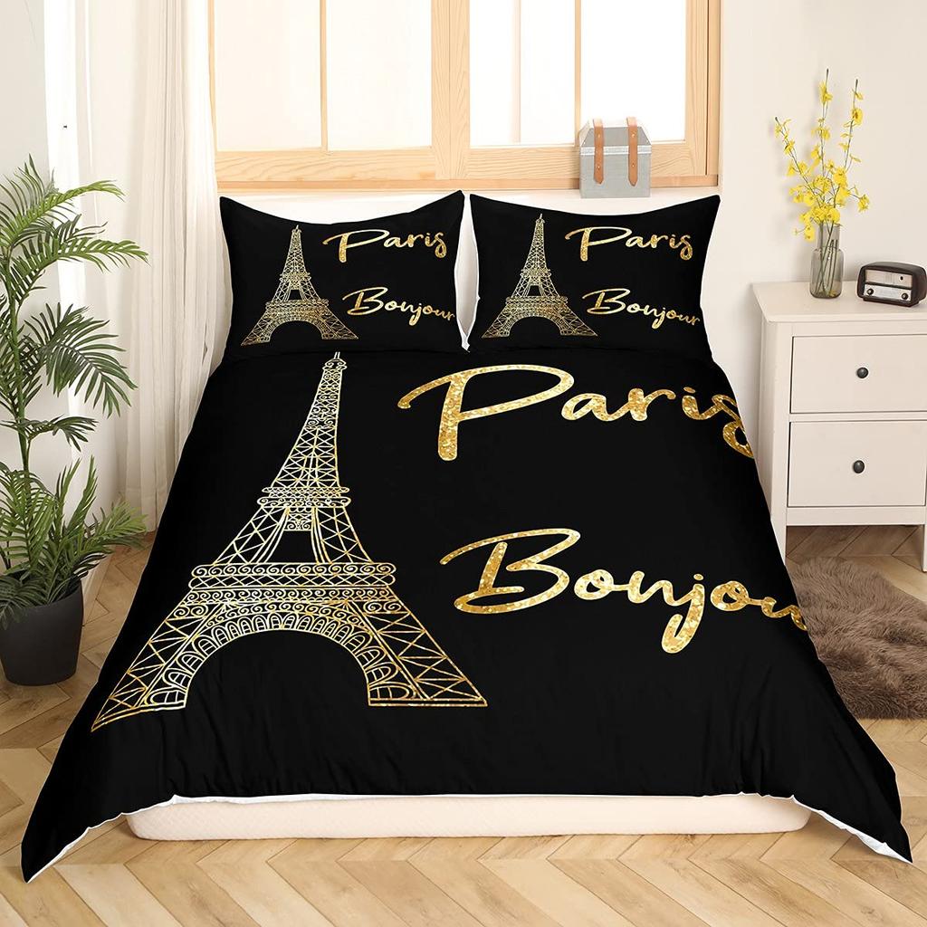 Eiffel Tower Duvet Cover Set King Size Paris Tower Bedding Set For Boy Girl Polyester Paris Cityscape Wooden Texture Quilt Cover