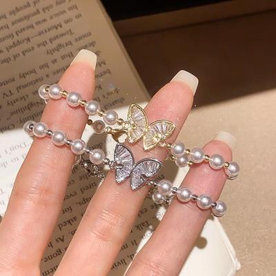 18k Gold Plated Zircon Butterfly Pearl Bracelet – Versatile Hand Jewelry for Women