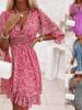 New Women's Long Sleeve Ruched Boho Printed Short Sleeve Floral Dress