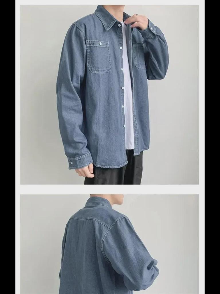Men's Korean Style Retro Denim Jacket - Long Sleeve, Lightweight, Casual for Spring and Autumn.