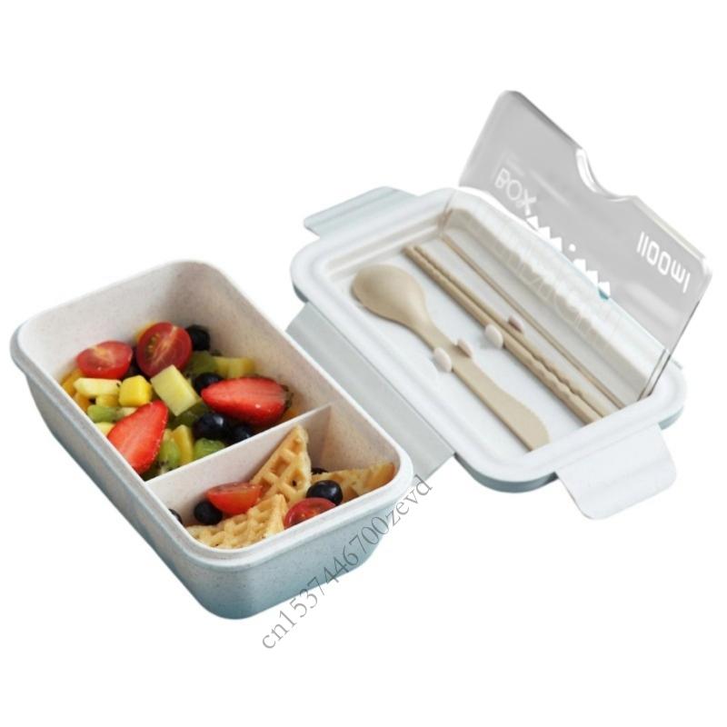 Japanese Wheat Straw Bentos Box 2 Compartment Microwave Safe Lunch Container With Utensils Holder For Office Gym P9YB