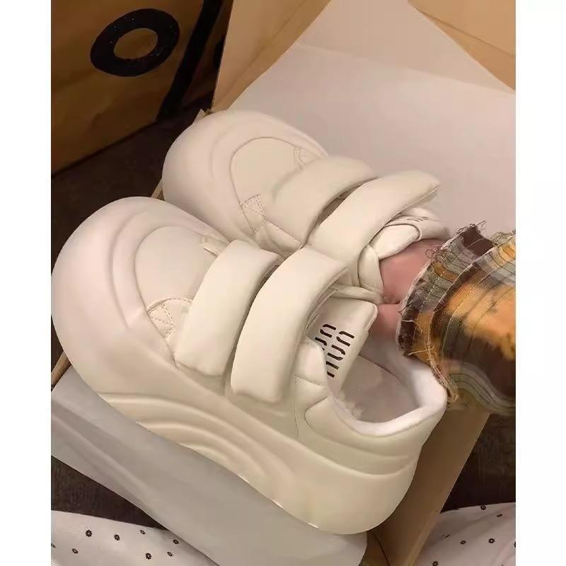 White Sneakers Women's Spring and Summer Heightening Platform White Shoes Velcro Ugly Cute Board Shoes Muffin Round Head Bread Shoes