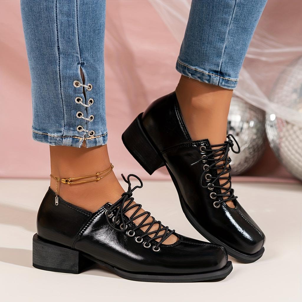 Women'S Fashionable Square Toe Block Heel Ankle Boots - Black, Lace-Up, Mid-Calf, Synthetic, Stylish for All Seasons, Casual To Semi-Formal Wear