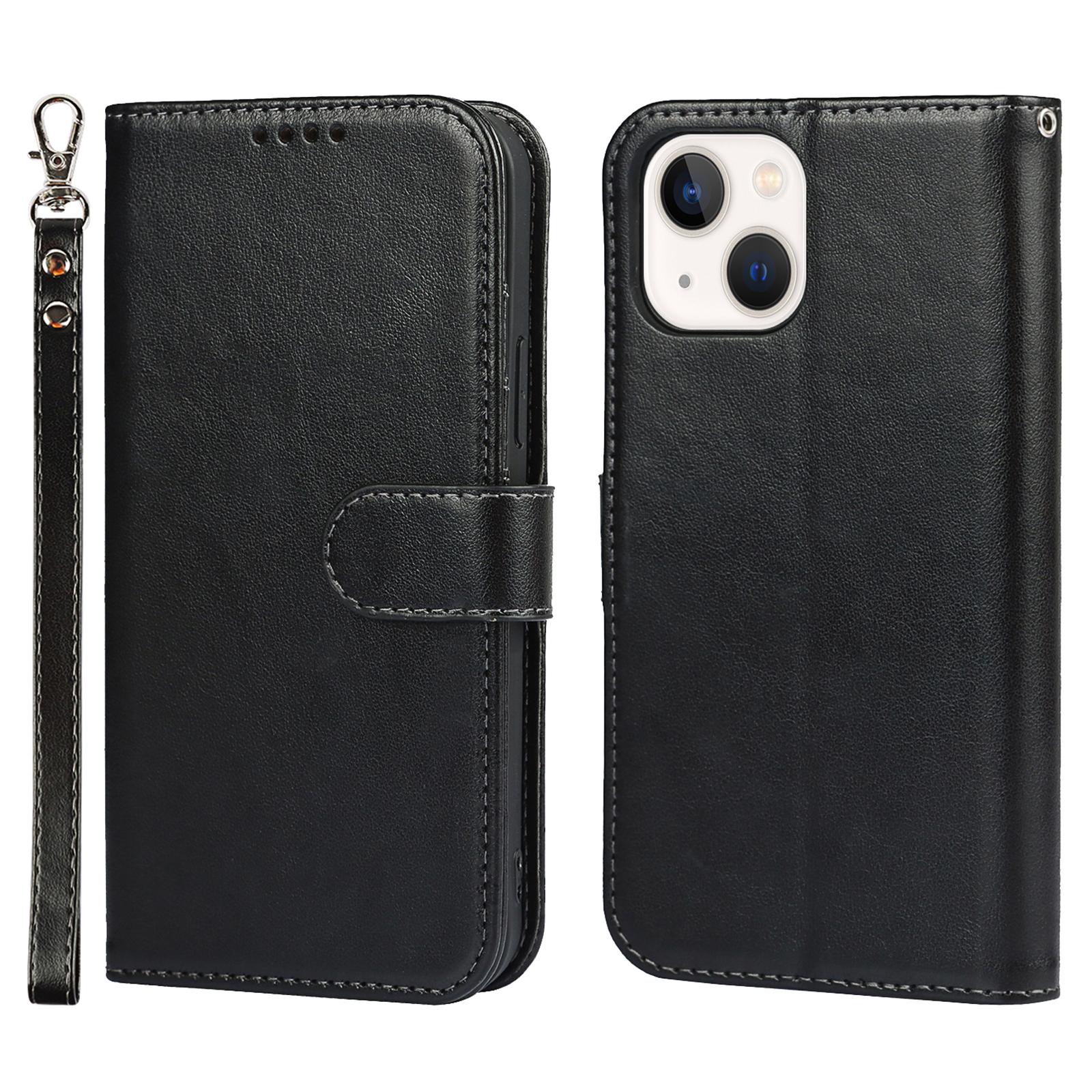 

For iPhone 14 Wallet Phone Case R61 Texture Felled Seam PU Leather Phone Stand Cover Black