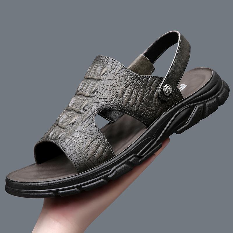 Fashion Crocodile Pattern Mens Sandals Genuine Leather Summer Flats  Outdoor Casual Beach Shoes Fashion Slippers Dual-Purpose Half Drag