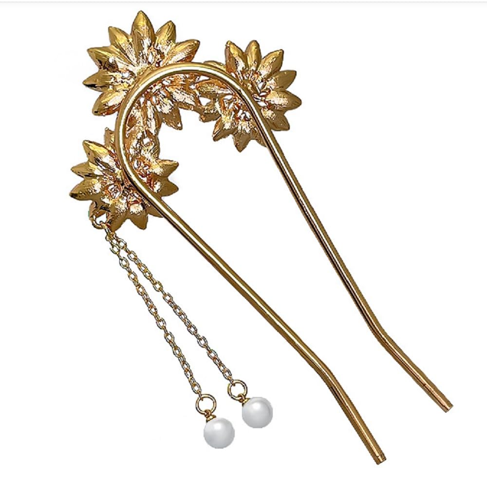 Miaomyao Kanzashi Hair Antique Flower Hair Hair Accessory for and Japanese Clothing Ornament, U-Shaped, Pearl, Comb, Kimono, Yukata, (Gold)
