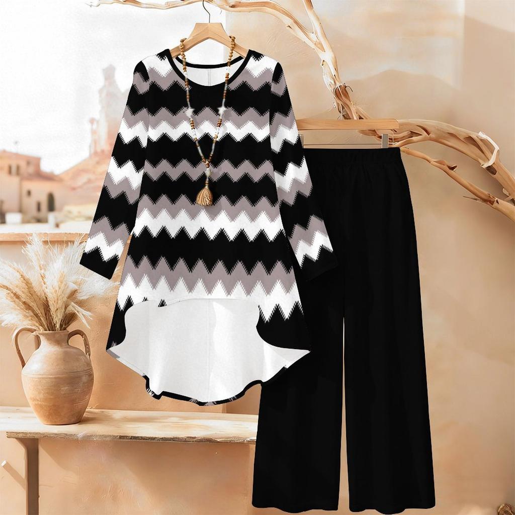 Floral Print Print Two Piece Outfit Women Long Sleeve Irregular Hem Tunic Top Wide Leg Pants Casual Matching Set