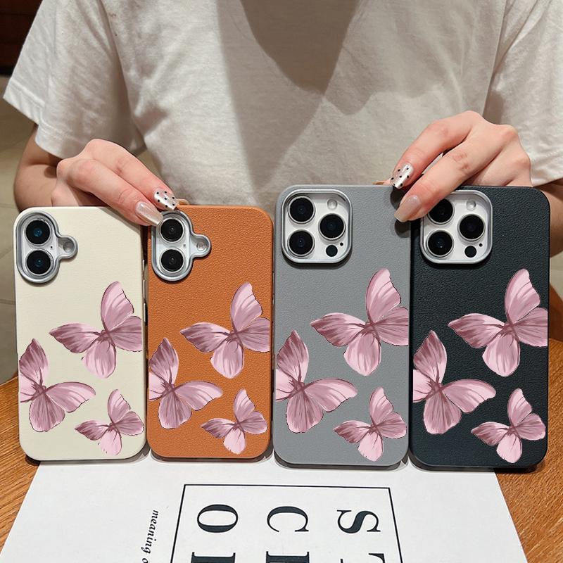 Pink Butterfly Pattern Leather Texture Slim Soft Phone Case For iPhone 16 Pro Max 15 14 Pro 13 12 11 TPU Matte Lens Protection Shockproof Bumper Cover