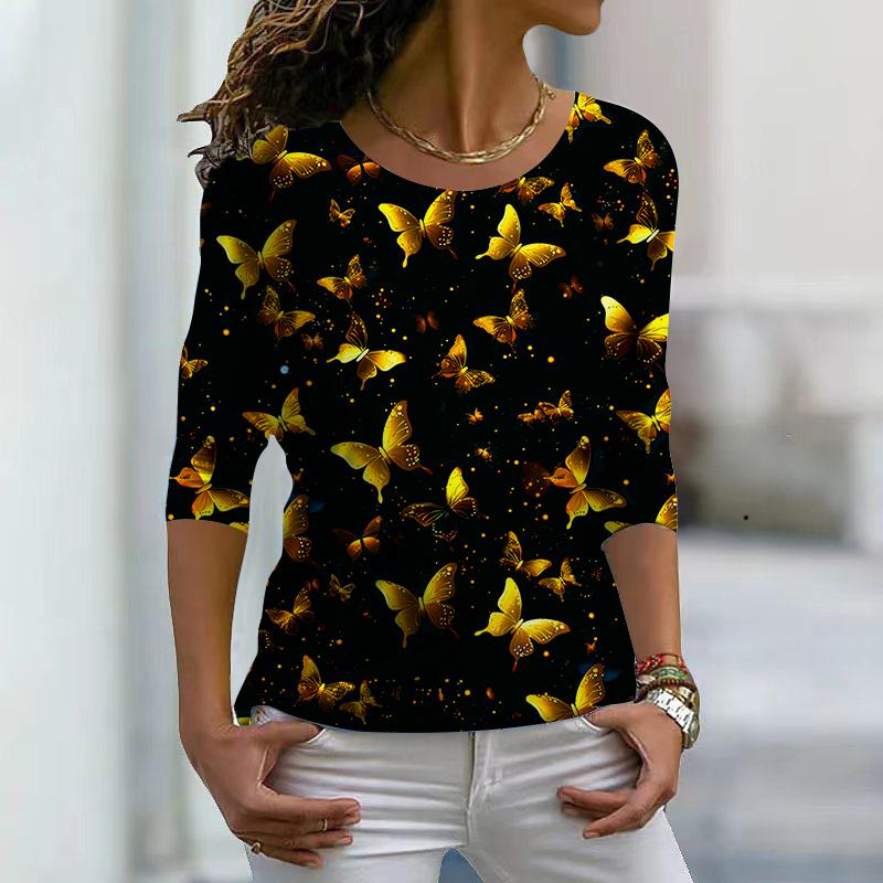 Women Autumn Tops Loose Blue Beautiful Butterfly Print Causal Long Sleeve T-shirt Top Blouse