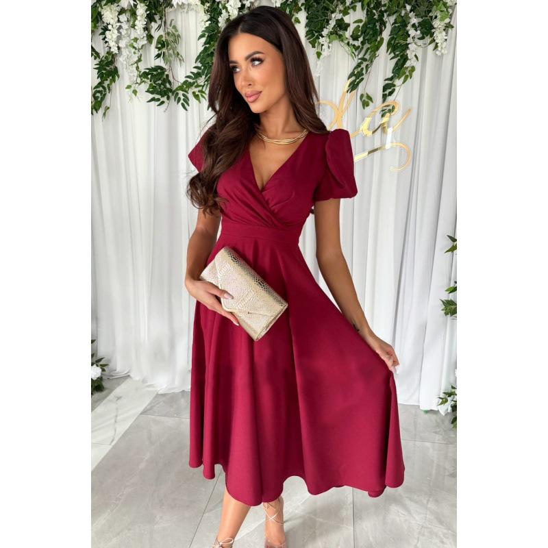 Solid V-Neck Puff Sleeve Swing Dress