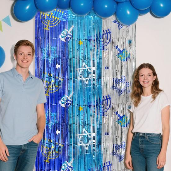 1/2/3Pcs Hanukkah Rain Curtain Background Shiny Metal Texture Three-Color Gradient Visual Effect Rain Curtain Holiday Decoration