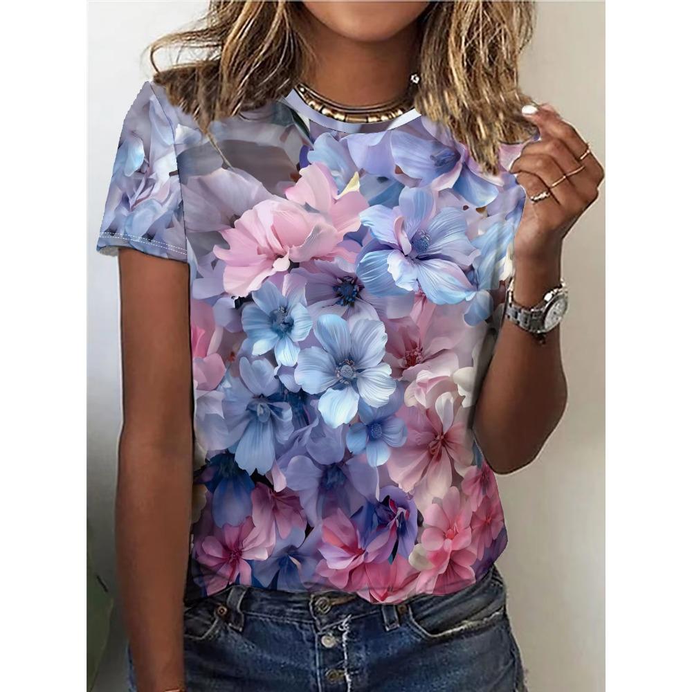 Sommer Blume Vogel 3D Druck T-Shirts Damen Streetwear Harajuku Lässige Mode Y2k Kurzarm T-Shirt O-Ausschnitt Tees Tops Kleidung