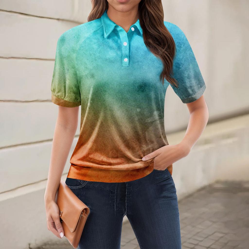 Damen-T-Shirt mit lässigem Blumendruck, V-Ausschnitt, kurzen Ärmeln und dekorativen Knöpfen