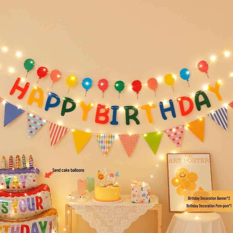 First Birthday Party Hanging Decoration: Happy Birthday Banner with Pom Poms and Bunting for Kids.