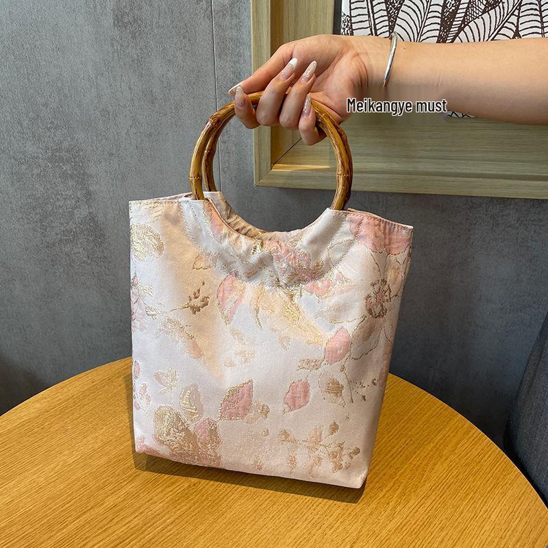 Vintage Chinese Jacquard Hanfu Clutch with Bamboo Handle - Embroidered Women's Cheongsam Handbag for Weddings