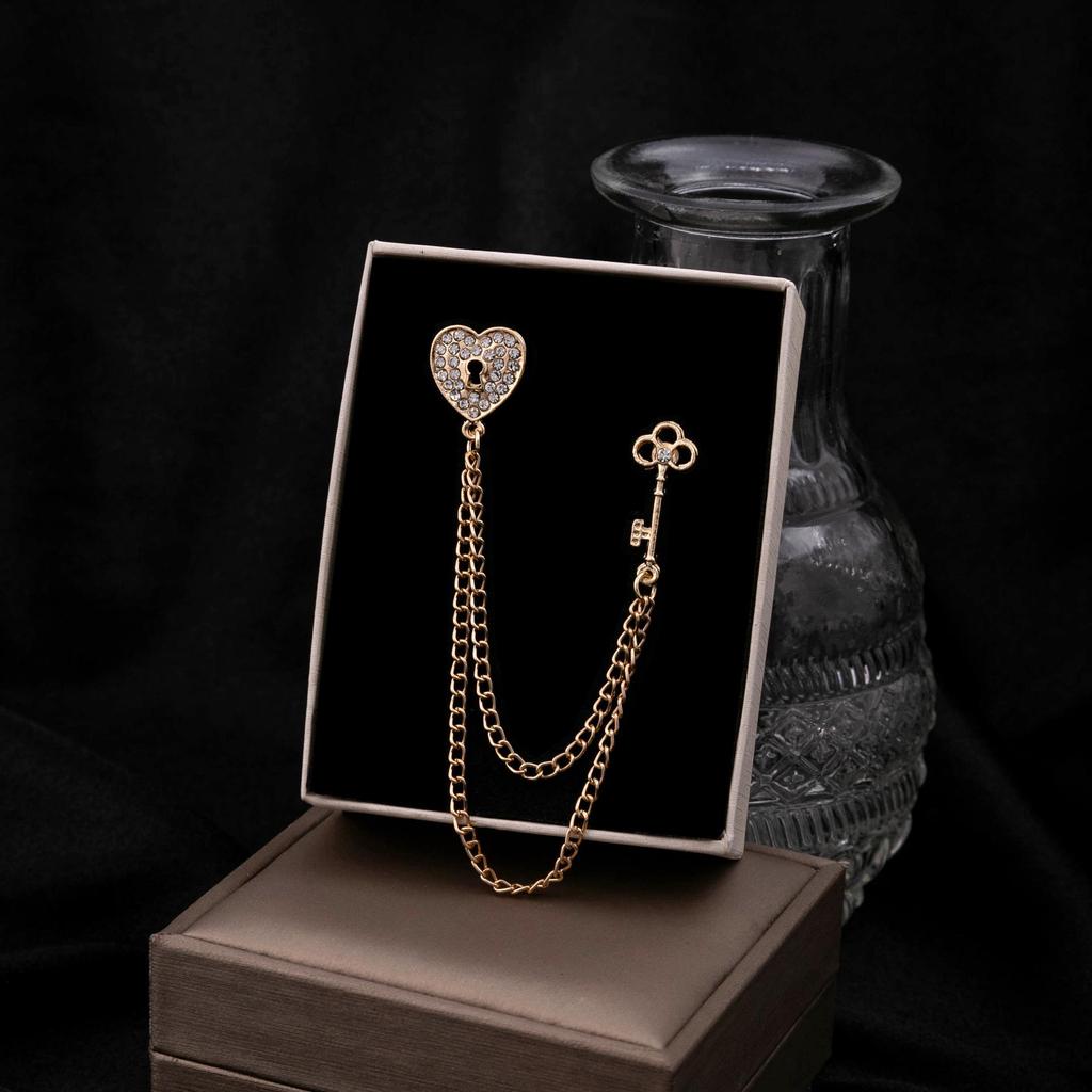 Men's Double-Layer Tassel Chain Crown Brooch with Rhinestones